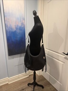 Vintage Michael Kors Black Pebbled Leather Fringe Hobo